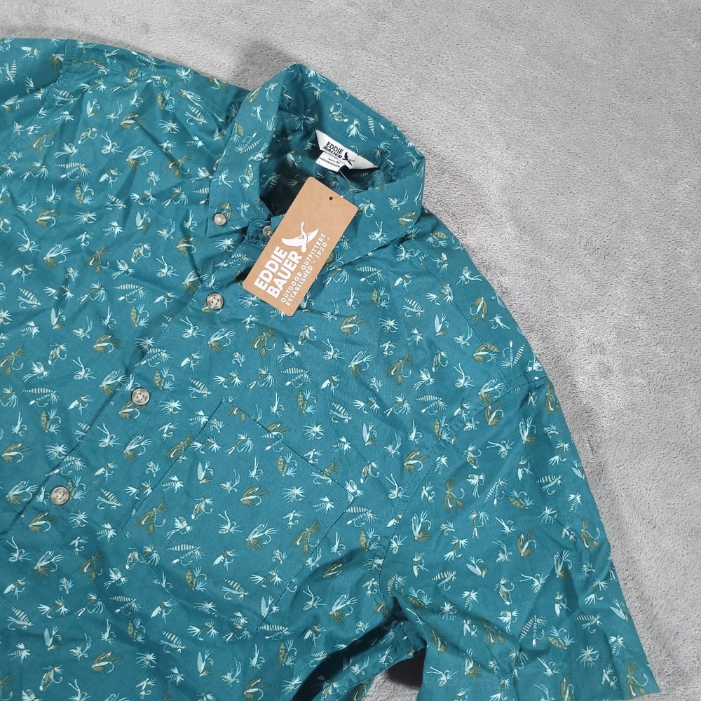 Eddie Bauer Baja Shirt Mens Medium Fly Fishing All Over Green Camp Button Down